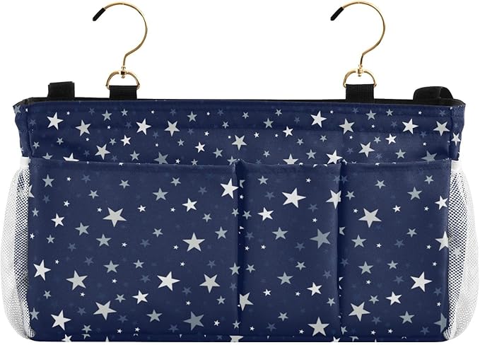 CuwrYet Bedside Caddy Hanging Bunk Bed Caddy Bed Organizer Hanging Pocket with 2 Hooks Bedside Storage Organizer Pocket Bag Holder Stars Dark Blue