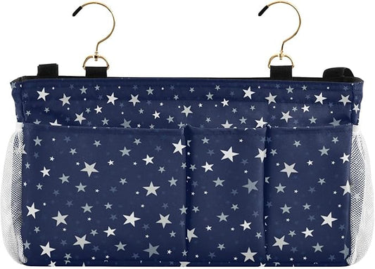 CuwrYet Bedside Caddy Hanging Bunk Bed Caddy Bed Organizer Hanging Pocket with 2 Hooks Bedside Storage Organizer Pocket Bag Holder Stars Dark Blue