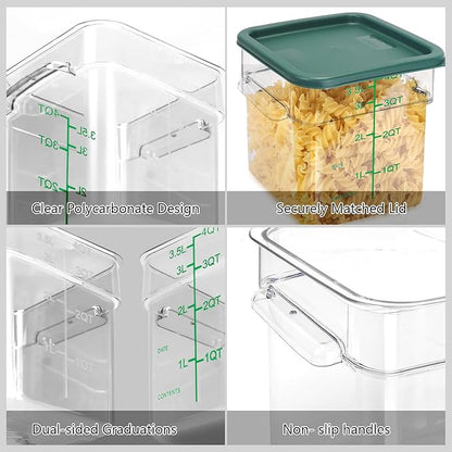 TSUBOR 4 Pack Food Storage Containers with Green Lids, 4.0 Qt - Square, Clear, Polycarbonate, for Restaurant Commercial Kitchen and Home party