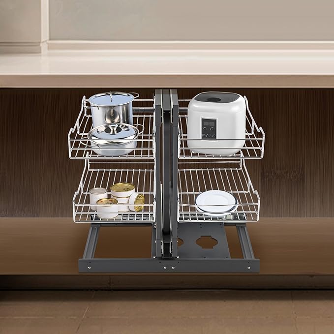 QIANMOON Kitchen Corner Cabinet Pull Out, Magic Corner Pull Out Open, 2 Tiers Swing Tray, Blind Corner Soft Close, for Place Pots and Pans, Containers, Spice Jars