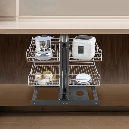 QIANMOON Kitchen Corner Cabinet Pull Out, Magic Corner Pull Out Open, 2 Tiers Swing Tray, Blind Corner Soft Close, for Place Pots and Pans, Containers, Spice Jars