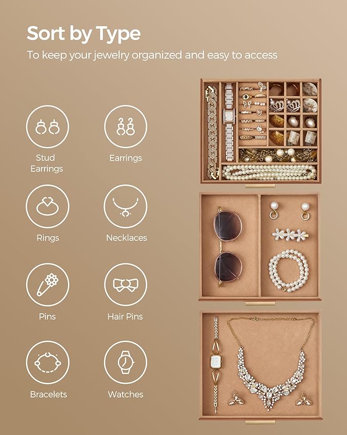 SONGMICS Jewelry Box Organizer with Glass Lid, 3-Layer Jewelry Storage, with 2 Drawers, Modern Style, 8 x 9.1 x 5.3 Inches, Caramel Brown and Gold Color UJBC239K01