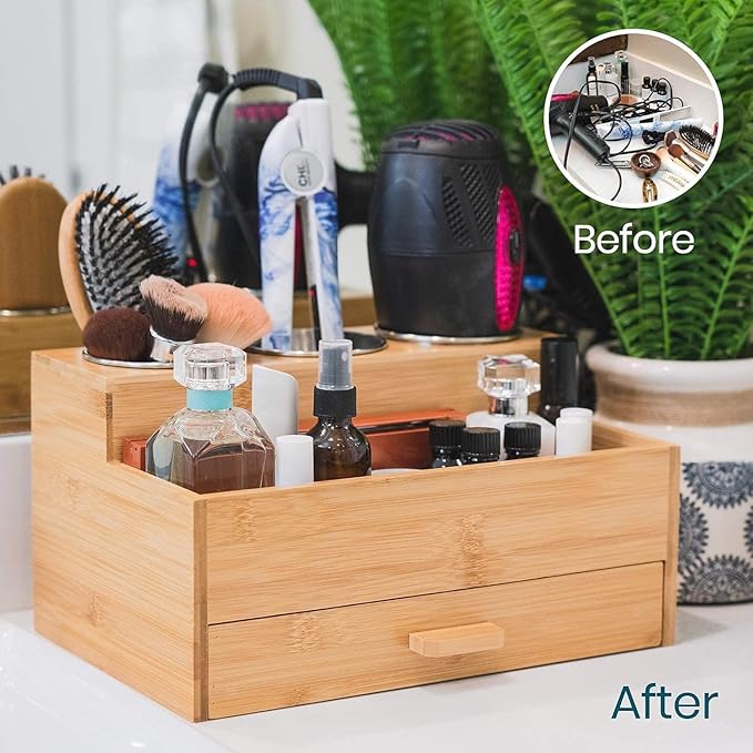 Sol-Eco Hair Tool Storage Organizer, Bamboo Hair tool organizer for Bathroom, Kitchen and Makeup,Hair organizer storage Perfect for Storing Blow Dryer, Straightener and Brush