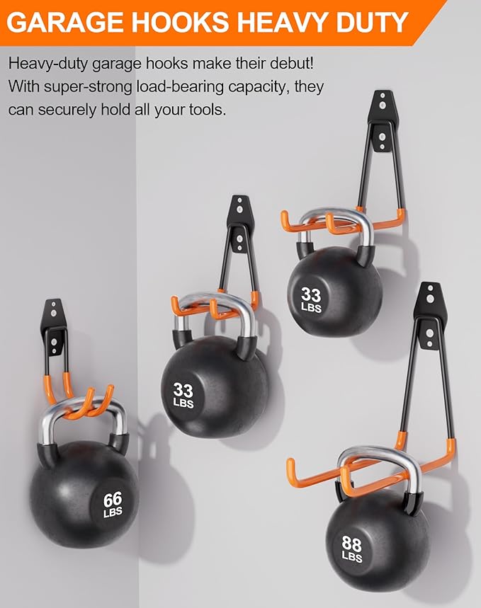 QcoQce 12 Pack Garage Hooks Heavy Duty, Utility Wall Mount Hooks for Hanging Bike, Ladder, Hose, with Extension Cord Straps and Anti-Slip Coating, Garage Organization, Includes Screws (Orange)