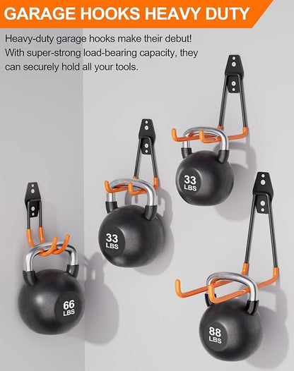QcoQce 12 Pack Garage Hooks Heavy Duty, Utility Wall Mount Hooks for Hanging Bike, Ladder, Hose, with Extension Cord Straps and Anti-Slip Coating, Garage Organization, Includes Screws (Orange)