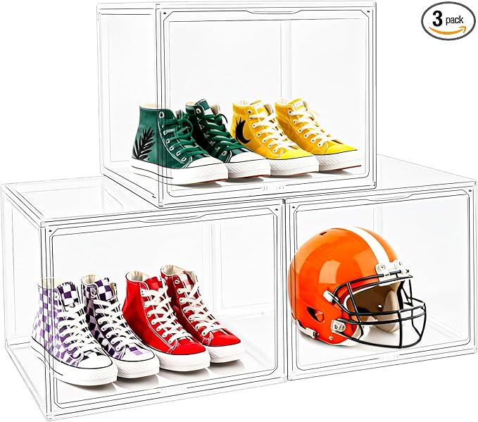 3 Pack XXX-Large Tall Boot Storage Organizer 17.3x13x13, Acrylic Display Case Shoe Boxes Extra Large Helmet Showcase Clear Stackable Hangbag Tote Bag with Magnetic Lid, 3 Pack Boxes with 2 Shoe Bags