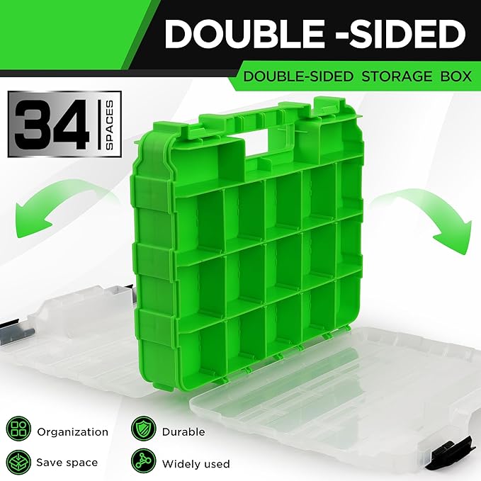 SWANLAKE GARDEN TOOLS 34-Compartments Double Side Parts Organizer with Removable Dividers, Double Side Tools Box Screw Organizer For Nuts, Bolts, Screws, Nails, Small Hardware