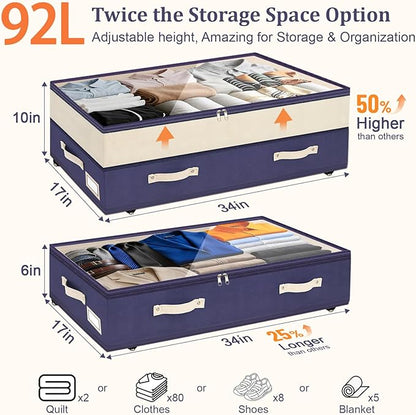 Dolicer 4 Pack Under Bed Storage with Wheels, 6in-10in Height Adjustable Underbed Storage Containers, 92L XXXL Under Bed Drawers Rolling Bin with Clear Lids for Dorm Shoes Clothes Organizers(Blue)
