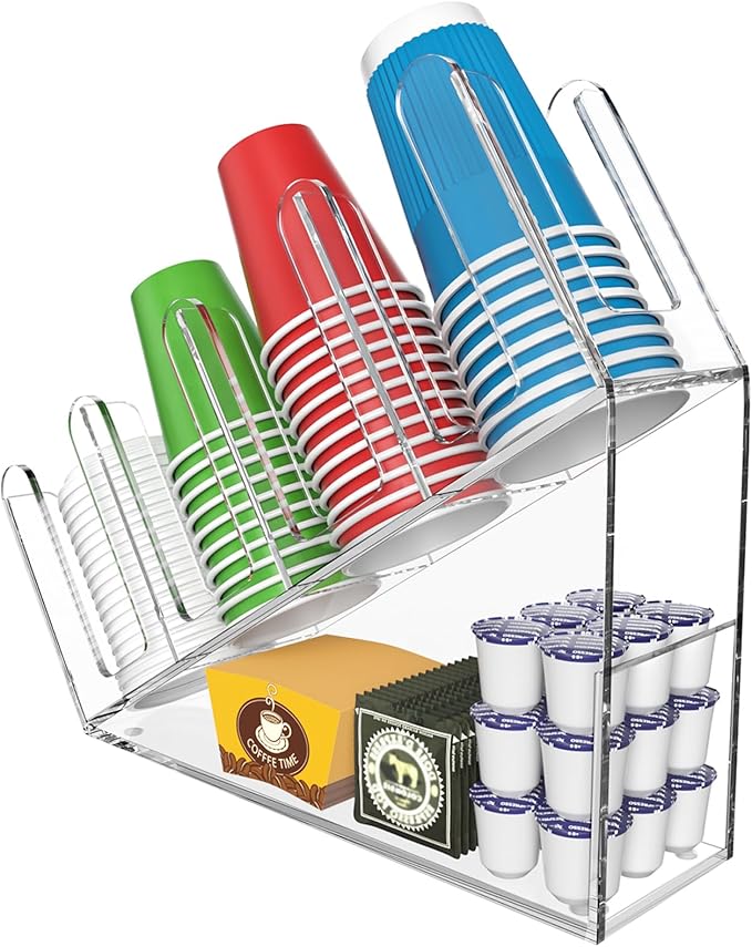 WINFFOR 4-Compartment Disposable Cup Holder - Cup and Lid Holder with Straw Organizer Clear Acrylic Cup Dispenser with Coffee Pod Storage for Coffee Station Bar Countertop Restaurant Breakroom