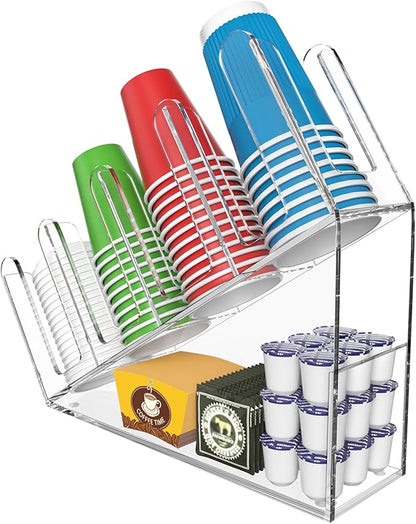 WINFFOR 4-Compartment Disposable Cup Holder - Cup and Lid Holder with Straw Organizer Clear Acrylic Cup Dispenser with Coffee Pod Storage for Coffee Station Bar Countertop Restaurant Breakroom
