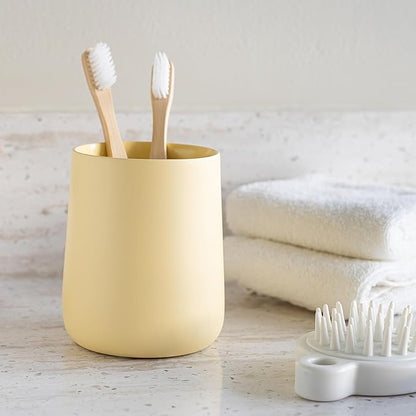 Yew Design Matte Yellow Cream Toothbrush and Toothpaste Holder and Cup for Bathroom Vanity and Countertop, Round Organizer for Electric Toothbrushes, Floss, Razors, Cotton, and Mouthwash