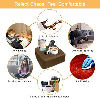 Couch Cup Holder Pillow Tray & Caddy - for Sofa, Bed, Car, Man Cave | Keep Drinks at Hand & Spill-Proof Accessories for New Parents, Camping, Park, Boat, Beach - Brown