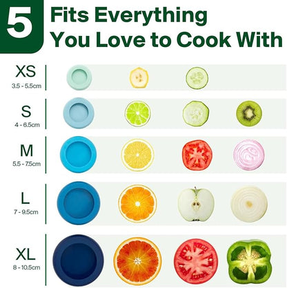 Food Huggers 5pc Reusable Silicone Food Savers | BPA Free & Dishwasher Safe | Fruit & Vegetable Produce Storage for Onion, Tomato, Lemon, Banana, Cans & More | Round, Ice Blue