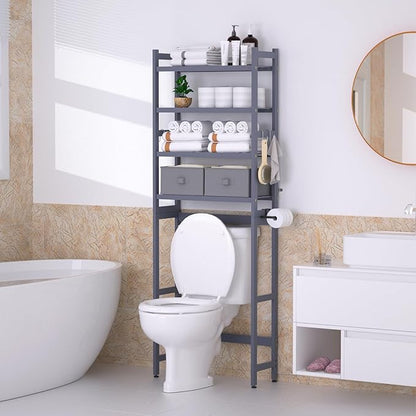 Cozivolife Over The Toilet Storage with 2 Baskets, 4-Tier Bamboo Organizer Rack with Paper Holder & 4 Hooks & Waterproof Feet Pad,Freestanding Shelf for Bathroom(Grey)