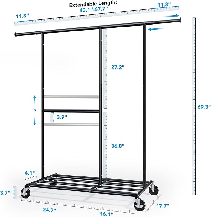 HOKEEPER Clothes Rack, Clothing Rack for Hanging Clothes Heavy Duty Garment Rack with Wheels Commercial Portable Freestanding Closet Rack with Shelves for Bedroom, Living Room, Laundry, Balcony, Black