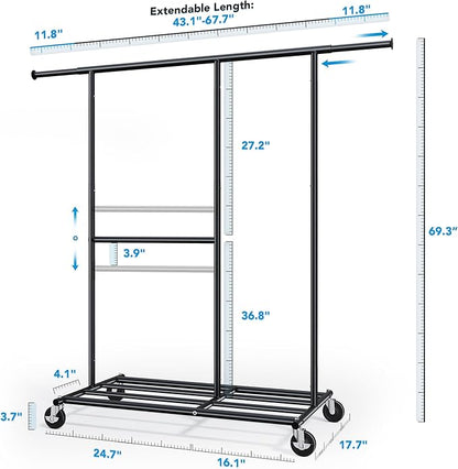HOKEEPER Clothes Rack, Clothing Rack for Hanging Clothes Heavy Duty Garment Rack with Wheels Commercial Portable Freestanding Closet Rack with Shelves for Bedroom, Living Room, Laundry, Balcony, Black