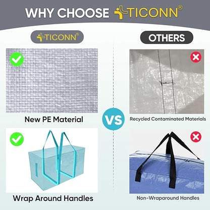 TICONN 2 Pack Extra Large Moving Bags with Zippers & Carrying Handles, Heavy-Duty Storage Tote Moving Boxes for Space Saving (2 Pack, Aqua)