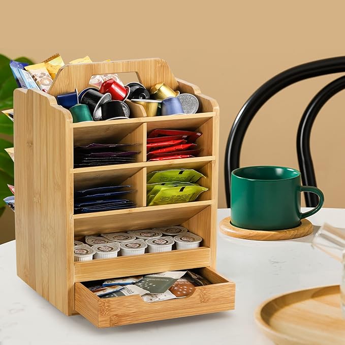 SOUJOY Bamboo Pen Holder Organizer, 360°Rotating Art Supply Storage Caddy, Hold 400+ Pencils, 15 compartments Office Desk Stand Box with Handle for Marker Pens, Colored Pencil, Art Brushes