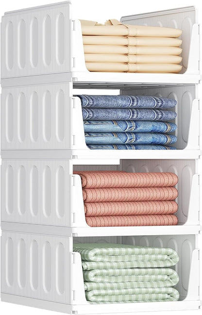 Lifewit 4 Pack Stackable Closet Organizers and Storage Basket for Clothes, Plastic Storage Bins for Wardrobe, Multifunctional Drawer Organizer for Bathroom, Kitchen, Laundry Room, Office, Dorm, White