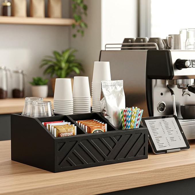 Black Coffee Station Organizer for Counter, Wood Coffee Pods Holder Storage Basket with 5 Compartments, Coffe and Tea Condiment Basket Storage Organizer, Farmhouse Bar Accessories Decor