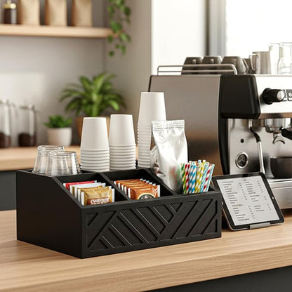 Black Coffee Station Organizer for Counter, Wood Coffee Pods Holder Storage Basket with 5 Compartments, Coffe and Tea Condiment Basket Storage Organizer, Farmhouse Bar Accessories Decor
