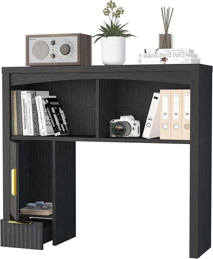 Desktop Shelf, Wooden Desk Hutch with Storage, Desktop Bookshelf with Cabinet and Drawer, Office Desk Organizer, Space-Saving Organization, Over Desk Storage Shelves for Home, Dorm, Black