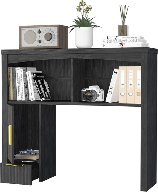 Desktop Shelf, Wooden Desk Hutch with Storage, Desktop Bookshelf with Cabinet and Drawer, Office Desk Organizer, Space-Saving Organization, Over Desk Storage Shelves for Home, Dorm, Black