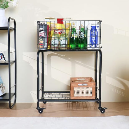 31" height Rolling Laundry Basket with Wheels, Heavy Duty 2-Tier Metal Wire Laundry Cart, Foldable Hamper with Industrial Wheels & Brakes for Clothes, Bedroom, Dorm, Apartment (Black)