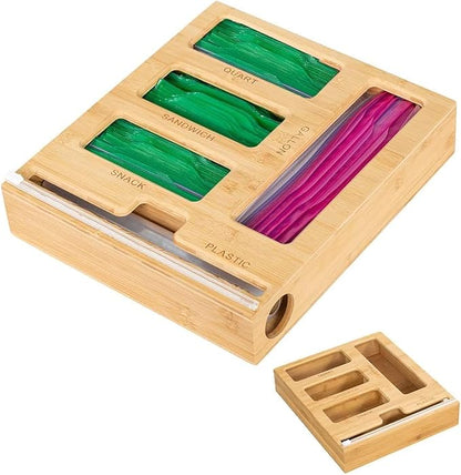 5 in 1 Bamboo Ziplock Bag Organizer Box and Plastic Wrap/Foil/Wax Dispenser with Cutter, Storage Box for Ziplock Bag (Gallon/Quart/Sandwich/Snack), Apply to Kitchen Drawer/Countertop/Wall