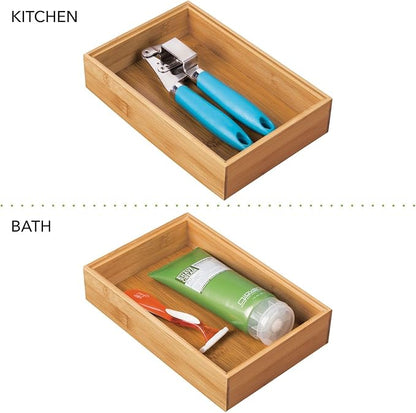 mDesign Pack of 2 Functional Drawer Organiser — Elegant Bamboo Kitchen Drawer Divider for Cutlery, Silverware, Utensils – Convenient Drawer Separator – Light Brown