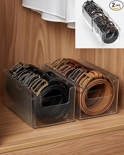 HAYVAN 2 Pack Acrylic Extendable Belt Organizer - Clear Belt Holder with Adjustable Dividers Fits Most Sizes, Storage Box for Ties, Bows, Masks, Jewelry (Space-Saving)
