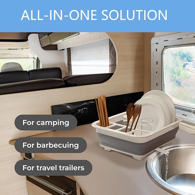 Collapsible Drying Basket & Portable Dish Drying Rack – Comes with 6 Kitchen Scouring Pads, Ideal for Kitchen, RV, Camper and Travel Trailer