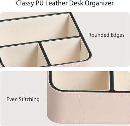 MEIBOOCH Remote Control Holder, PU Leather Small Desk Organizer with 4 Compartments, Nightstand Organizer Desk Caddy for Remote, Notepad, Phone, Glasses, and Accessories (Pink)