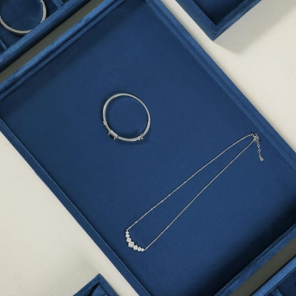 Velvet Stackable Jewelry Display Flat Tray For Ring Earring Necklace Bracelet, Bangle Pendant Storage Blank Plate, Shop Countertop Jewelry Dish Organizer (Blue)