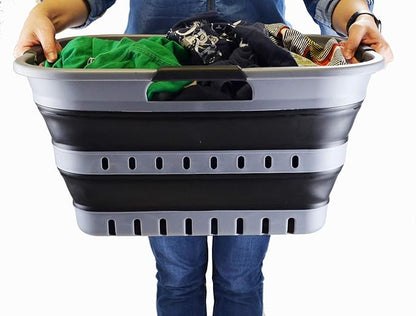 SAMMART 30L (8 Gallon) Collapsible 3 Handled Plastic Laundry Basket - Foldable Pop Up Storage Container/Organizer - Space Saving Hamper/Basket (Grey/Black)