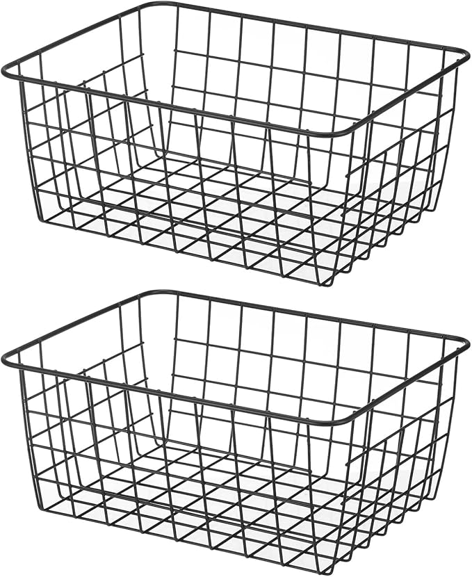 PATIKIL Kitchen Wire Basket, 2 Pack 11"L 9"W Pantry Organization Metal Storage Organizer Household Refrigerator Bin with Handles for Cabinets Closets Bedrooms, Black