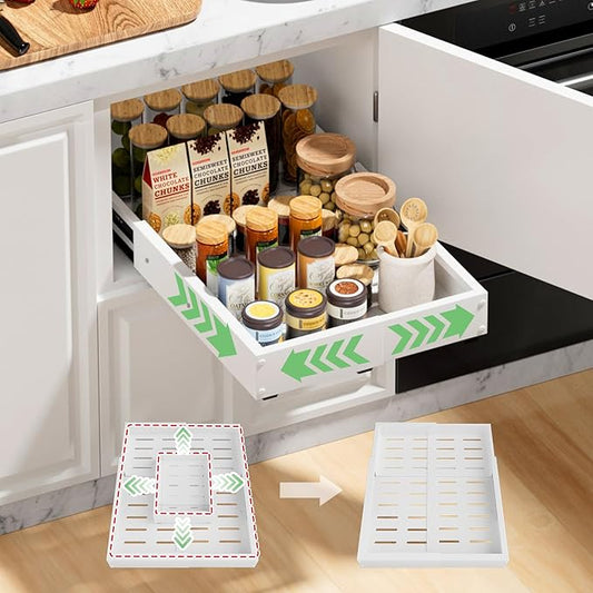 BUFOR 1 Pack Pull out Cabinet Organizer, Width (10"-16") Depth (17"-25"), with 3 Rails Adjustable Slide, Expandable Pullout Drawers for Cabinets, No Drill Adhesive Kitchen Drawers for Pantry Shelves