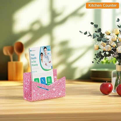 Beego Envelope and Mail Organizer Countertop - Glitter Pink Acrylic Desk Organizer Letter Holder Desktop File Sorter Bill Document Folder Rack for Office, Home, School Desk Organization