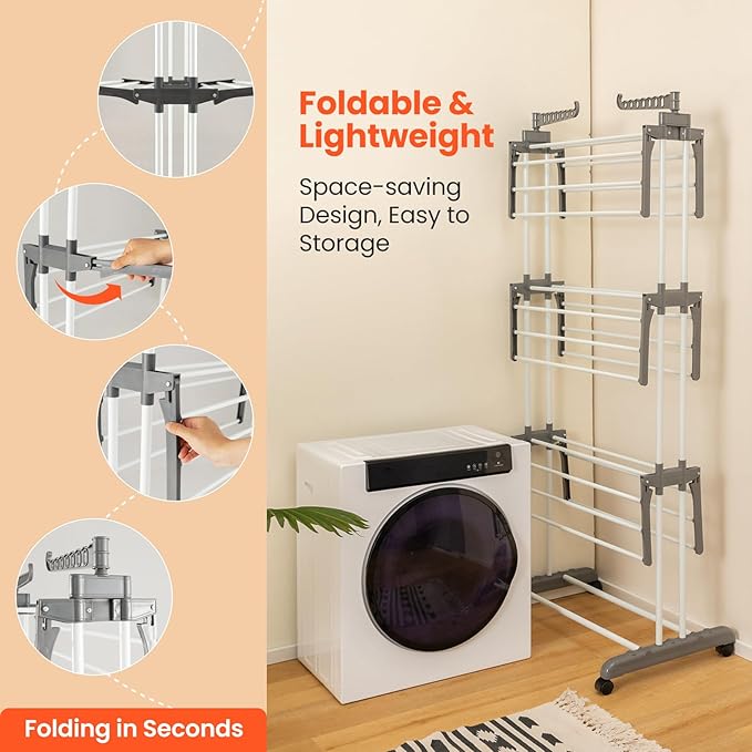 Tangkula 4-Tier Foldable Clothes Drying Rack, Oversized Drying Rack w/Lockable Wheels & Rust-Proof Metal Frame, Indoor Outdoor Large Drying Hanger w/Adjustable Gullwings, Movable Laundry Hanger