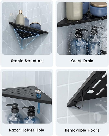 DAYONE Matte Black Corner Shower Shelf 2 Pack 10", Bathroom Corner Shower Organizer Shelf for Tiled Wall, SUS304 Stainless Steel Slot Design Recessed Organizer Shelves with 2 Hooks and 4 Holes