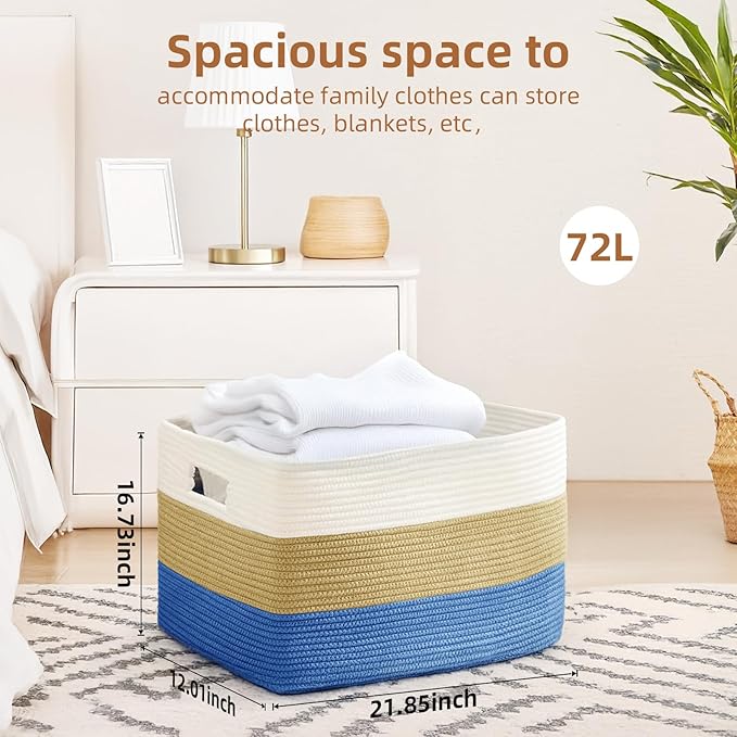 Cotton Rope Basket,Large Blanket Basket for Living Room,Woven cotton rope laundry baskets，For Bathroom Dirty Clothes ，Nursery Toys，pillow storage organization, 72L，white and dark blue.