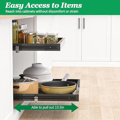 REALINN 2 Tier Pull Out Cabinet Organizer, 21 inch Depth Slide Out Shelves, Expandable 14"-22.5" Wide Heavy-Duty Cabinet Drawers for Kitchen Pots, Pans & Pantry Storage, Black