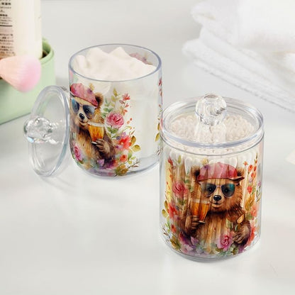 MNSRUU 4 Pack Qtip Holder Organizer Dispenser Animal Bears Pink Bathroom Storage Canister Cotton Ball Holder Bathroom Containers for Cotton Swabs/Pads/Floss