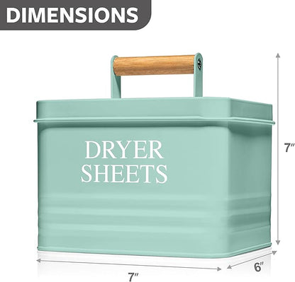 Calindiana Modern Farmhouse Metal Laundry Dryer Sheets Holder Fabric Softener Dispenser with Lid for Laundry Room Decor and Accessories and Space Saving Laundry Room Organization and Storage, Mint