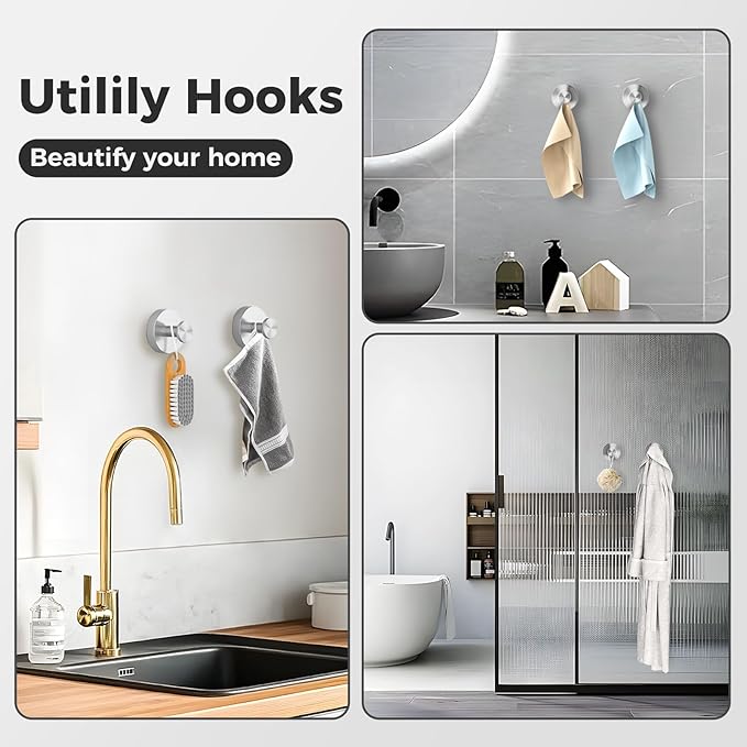 WingWider Shower Hooks for Inside Shower,Suction Cup Hooks for Glass Window,Removable Towel Hooks for Bathrooms,4 Packs(Silver)