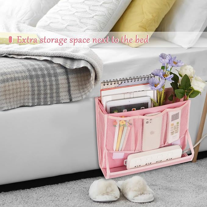 Retyion Bedside Caddy Bedside Storage Organizer Bedside Organizer with Power Strip Holder and 2 Adjustable Straps for Home Bunk Bed College Dorm Sofa (2 Pack Pink)