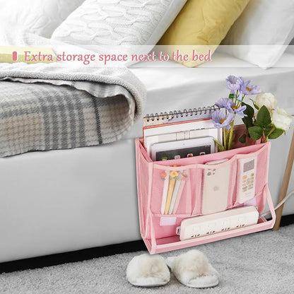 Retyion Bedside Caddy Bedside Storage Organizer Bedside Organizer with Power Strip Holder and 2 Adjustable Straps for Home Bunk Bed College Dorm Sofa (2 Pack Pink)