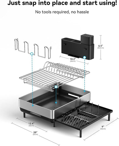 SUNLY Large Dish Drying Rack, Expandable Dish Racks for Kitchen Counter, Space Saving 304 Stainless Steel Drying Rack Kitchen, Extra Large Drainer with Multifunctional Flip Up Pegs, Black
