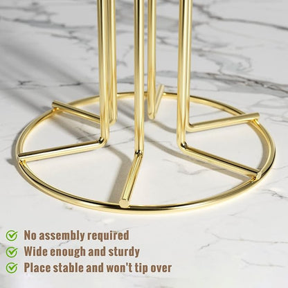 HULISEN Mug Holder for Large Cups, Mug Tree for Counter with 6 Hooks, Metal Coffee Mug Stand for Easy Pick, Place and Display, Coffee Bar Accessories and Decor, Free Standing Mug Rack, Gold