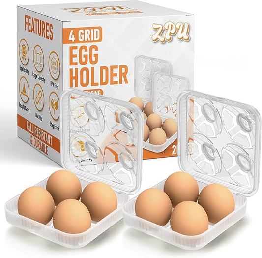 ZPU Egg Holder Camping, 2Pcs 4 Grid Egg Container, Plastic Egg Carrier for Camping Picnic Travel Outdoor Refrigerator Kitchen, Protective Egg Storage Case, Clear White